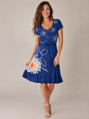 Desigual Blue Floral Belted A-Line Dress Size XS